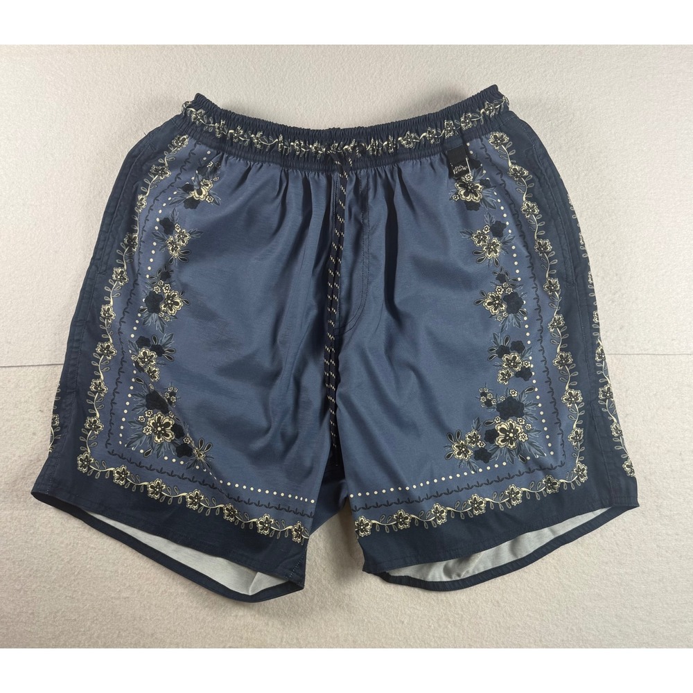 Agua Bendita Mens Floral Border Print Swim Trunks Blue Small